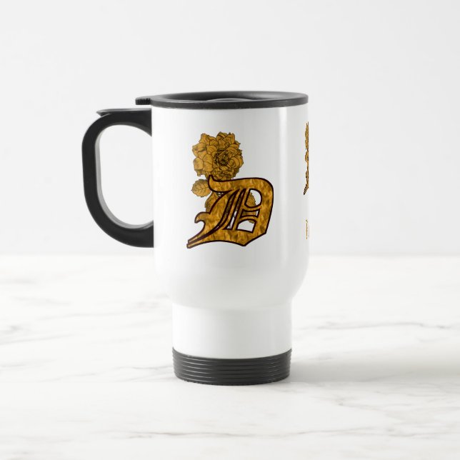 Monogram Initial D Elegant Gold Peony Personalised Travel Mug (Left)