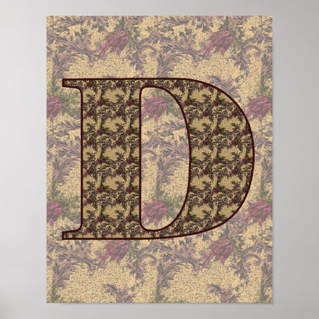 Monogram Initial D Elegant Vintage Floral Poster (Front)