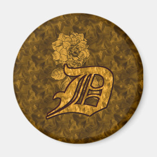 Monogram Initial D Gold Peony Flower Magnet