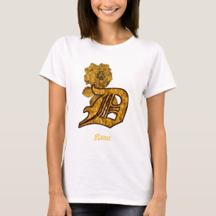 Monogram Initial D Gold Peony Flower Personalised T-Shirt