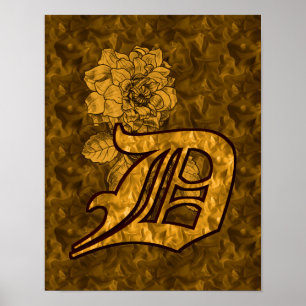 Monogram Initial D Gold Peony Flower Poster