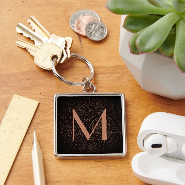 Monogram Initial Dark Floral Rose Golden Orange Key Ring (Desk)
