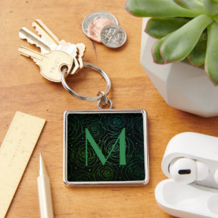 Monogram Initial Dark Floral Rose Green Gradiant Key Ring