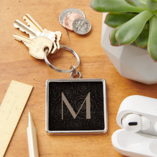 Monogram Initial Dark Floral Rose Timeless Neutral Key Ring