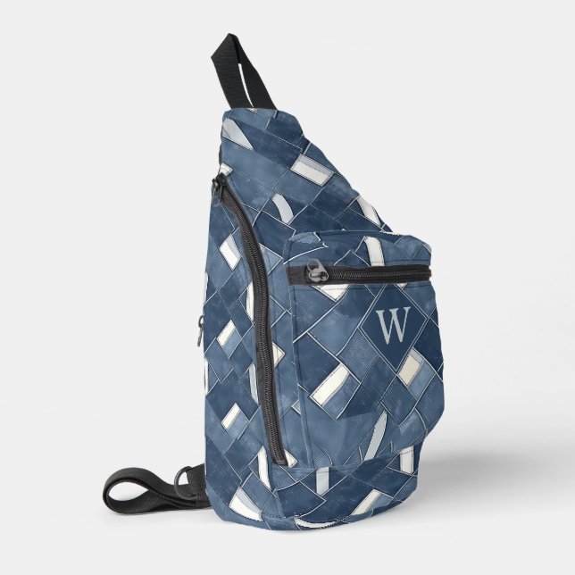 Monogram Initial Denim Blue Printed Lattice Look Sling Bag (Left Corner)