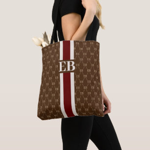 Monogram Initial Designer Pattern w/ Stripe Brown Tote Bag