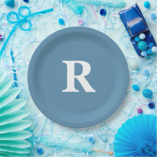Monogram Initial Dusty Blue White Custom Colours Paper Plate