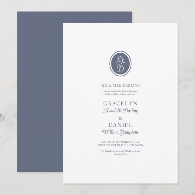 Monogram Initial Dusty Grey Blue Ivory Wedding Invitation (Front/Back)