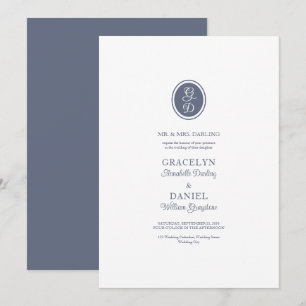 Monogram Initial Dusty Grey Blue Ivory Wedding Invitation