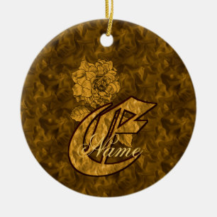 Monogram Initial E Elegant Gold Peony Personalised Ceramic Tree Decoration