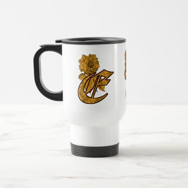 Monogram Initial E Elegant Gold Peony Personalised Travel Mug (Left)