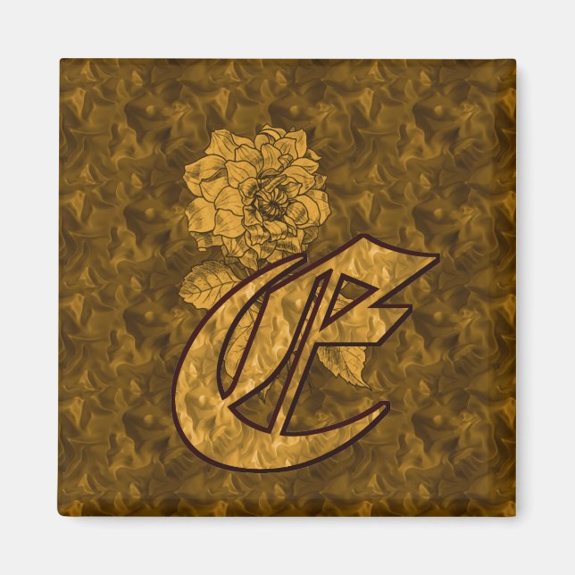 Monogram Initial E Gold Peony Flower Magnet (Front)