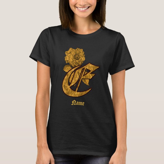 Monogram Initial E Gold Peony Flower Personalised T-Shirt (Front)