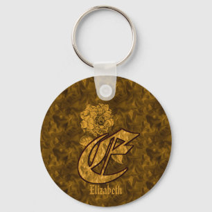Monogram Initial E Gold Peony Personalized  Key Ring