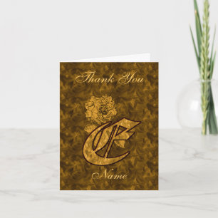 Monogram Initial E Gold Satin Peony Personalised Thank You Card