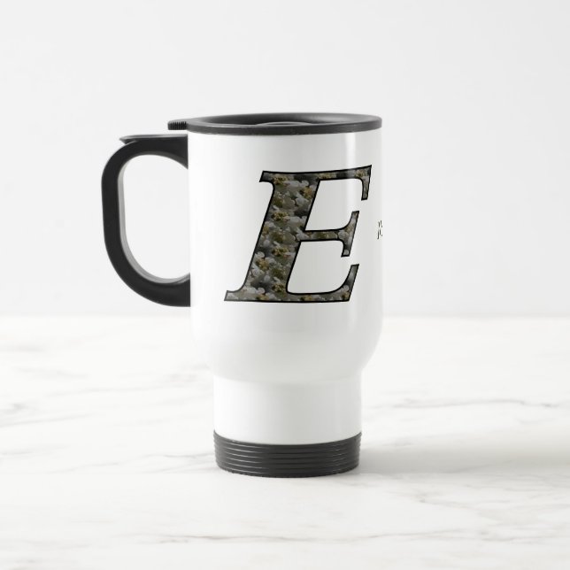 Monogram Initial E Hydrangea Flowers Personalised Travel Mug (Left)