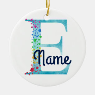 Monogram Initial E Rainbow Star design Ceramic Tree Decoration