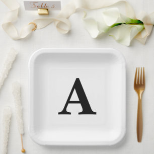 Monogram Initial Elegant Custom Name Black White Paper Plate