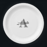 Monogram Initial Elegant Custom Name  Grey White Paper Plate<br><div class="desc">Designed with text templates for monogrammed initial and name which you can customise!</div>