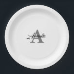 Monogram Initial Elegant Custom Name  Grey White Paper Plate<br><div class="desc">Designed with text templates for monogrammed initial and name which you can customise!</div>