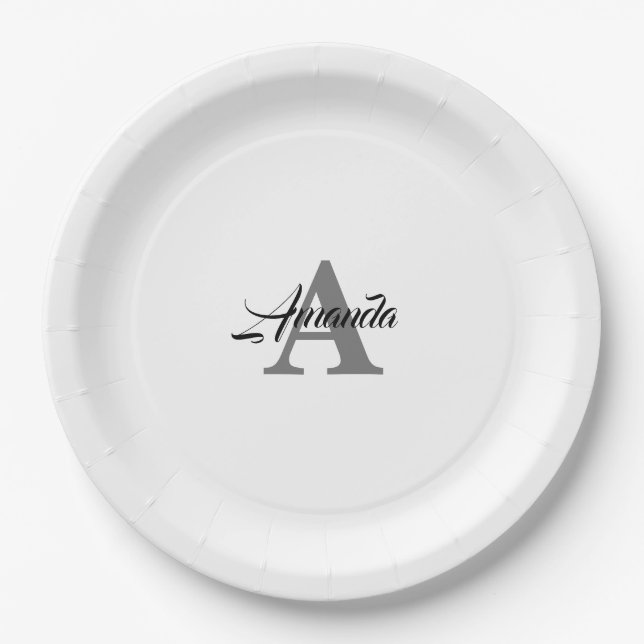 Monogram Initial Elegant Custom Name  Grey White Paper Plate (Front)