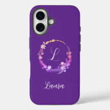 Monogram Initial Elegant Custom Name Purple Floral