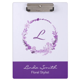 Monogram Initial Elegant Custom Name Purple Floral Clipboard