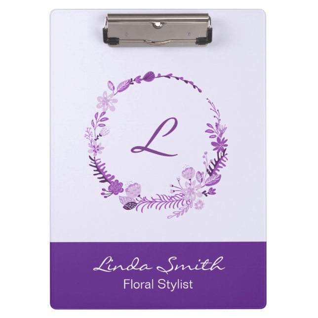 Monogram Initial Elegant Custom Name Purple Floral Clipboard (Front)