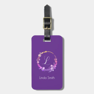 Monogram Initial Elegant Custom Name Purple Floral Luggage Tag