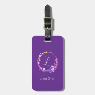 Monogram Initial Elegant Custom Name Purple Floral Luggage Tag