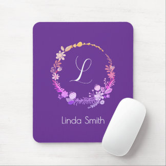 Monogram Initial Elegant Custom Name Purple Floral Mouse Pad