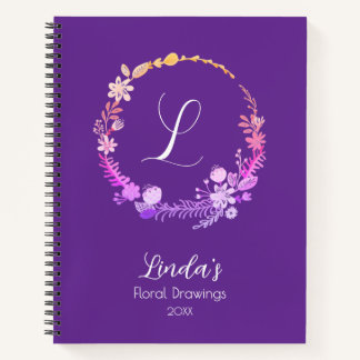 Monogram Initial Elegant Custom Name Purple Floral Notebook