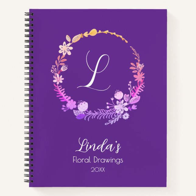 Monogram Initial Elegant Custom Name Purple Floral Notebook (Front)