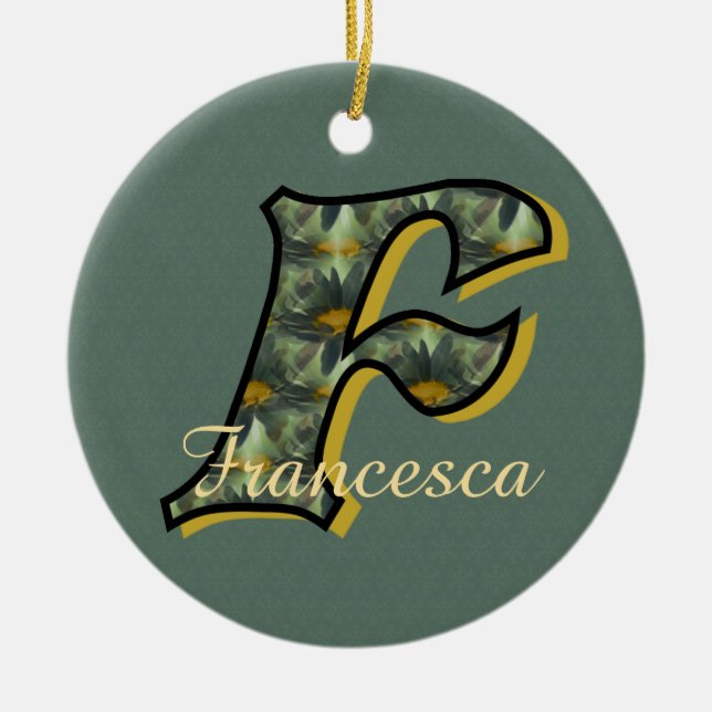 Monogram Initial F Daisies Floral Personalized  Ceramic Tree Decoration (Front)