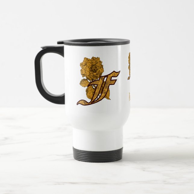 Monogram Initial F Elegant Gold Peony Personalised Travel Mug (Left)