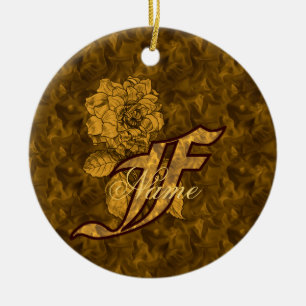 Monogram Initial F Elegant Gold Peony Personalized Ceramic Tree Decoration