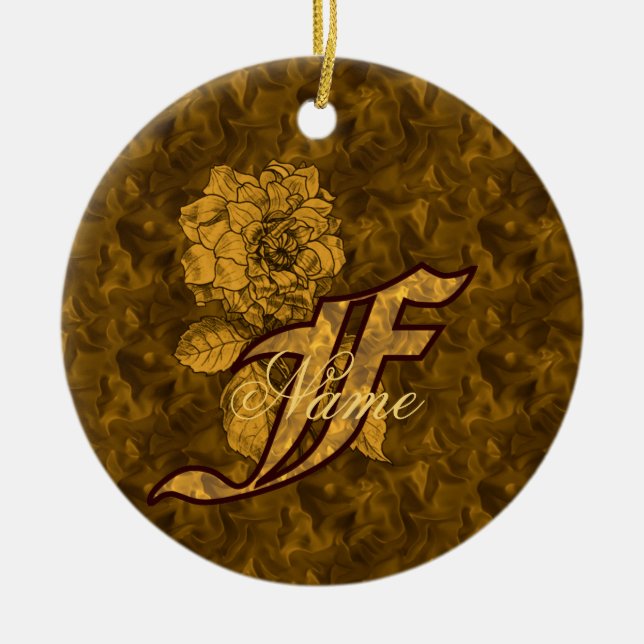 Monogram Initial F Elegant Gold Peony Personalized Ceramic Tree Decoration (Front)