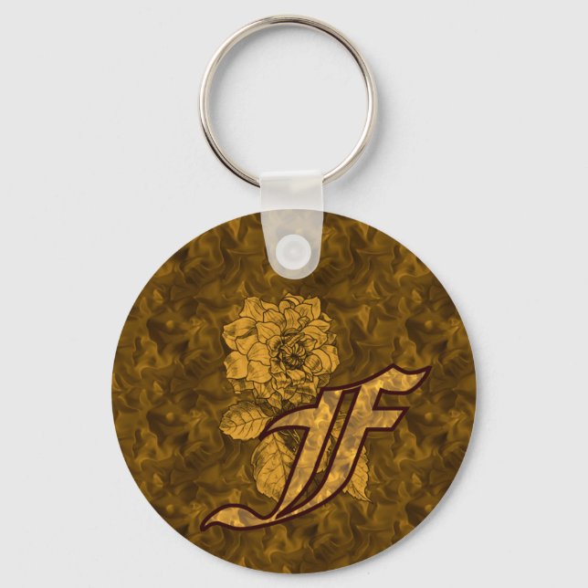 Monogram Initial F Gold Peony Flower  Key Ring (Front)