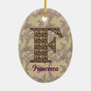 Monogram Initial F Vintage Floral Personalized Ceramic Tree Decoration