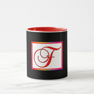 Monogram Initial F White Red Inside Black Outside Mug