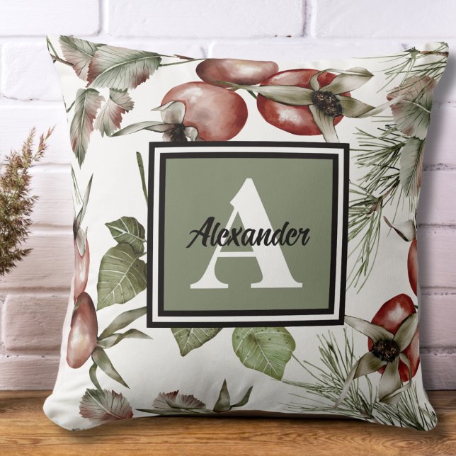 Monogram Initial & Family Name Elegant Botanical Cushion (Monogram Name and Initial Autumn Watercolor Fall Decor Throw Pillow)