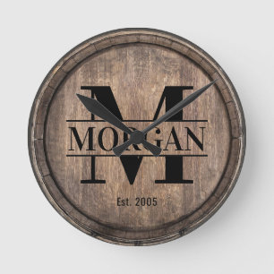 Monogram Initial Family Name Rustic Faux Wooden Round Clock