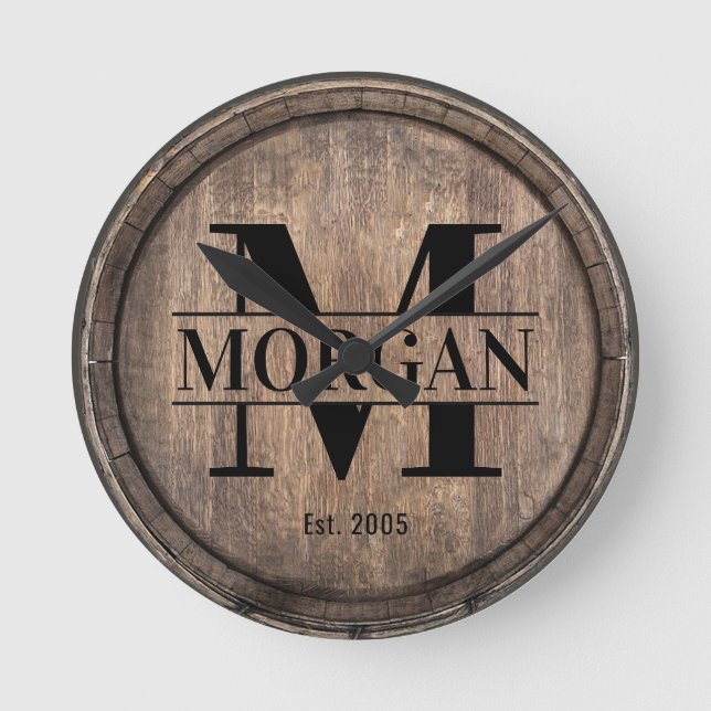 Monogram Initial Family Name Rustic Faux Wooden Round Clock (Front)