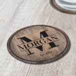 Monogram Initial Family Name Rustic Faux Wooden Round Paper Coaster<br><div class="desc">Monogram Initial Family Name Rustic Faux Wooden Paper Coaster.</div>
