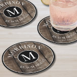 Monogram Initial Family Name Rustic Wood Round Paper Coaster<br><div class="desc">These rustic coasters are the perfect addition to your family beach house, lake house, or for gatherings like parties and family reunions. They feature a bold initial monogram at the centre, with your family name elegantly displayed at the top. The bottom reads "Beach House, " but this can be customised...</div>