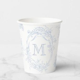 Monogram Initial Floral Blue Toile Wedding Bridal Paper Cups