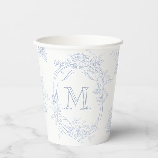 Monogram Initial Floral Blue Toile Wedding Bridal Paper Cups (Front)