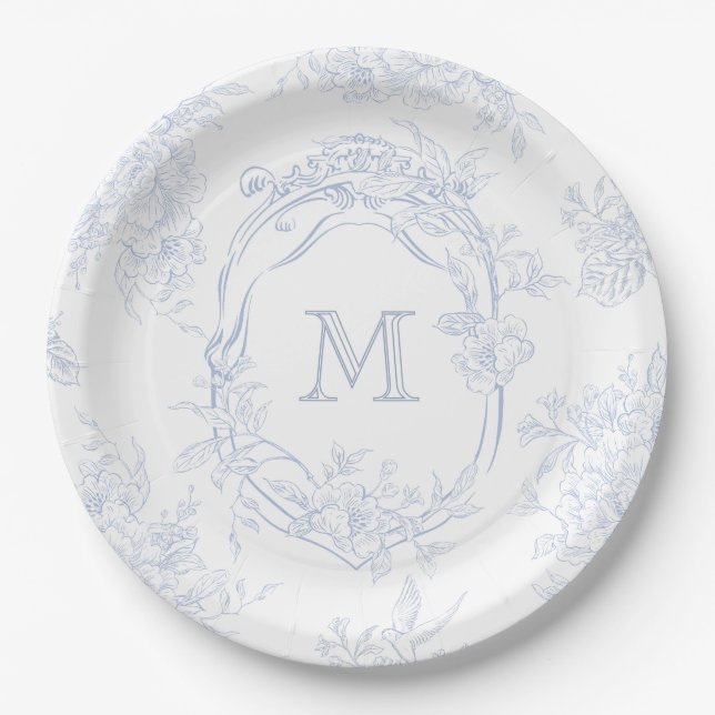 Monogram Initial Floral Blue Toile Wedding Bridal Paper Plate (Front)