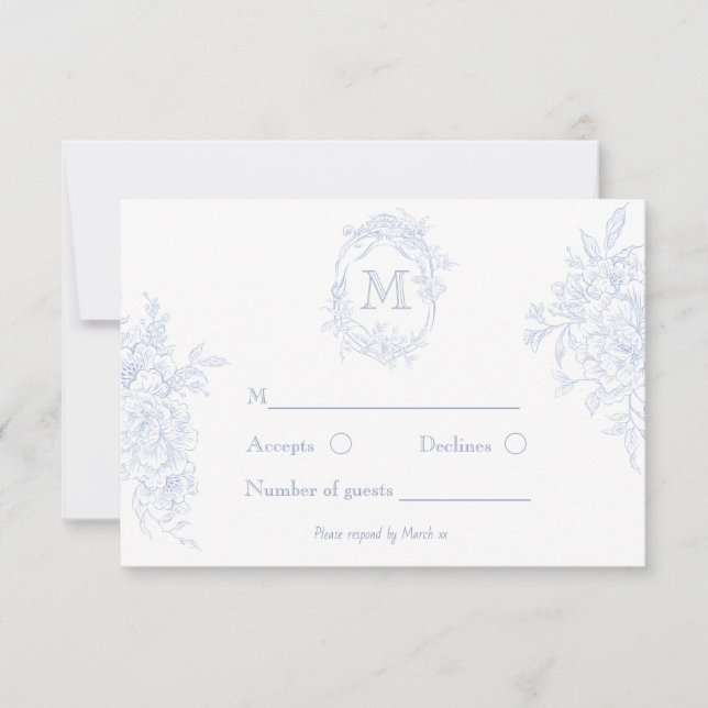 Monogram Initial Floral Blue Toile Wedding Bridal RSVP Card (Front)