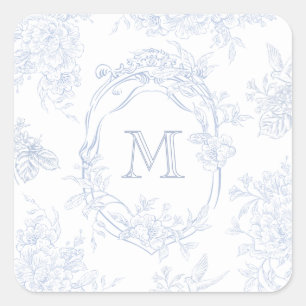Monogram Initial Floral Blue Toile Wedding Bridal Square Sticker